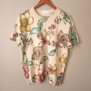 Alfred Dunner Womens Medium Floral Knit Top Tee Beaded Sequins Mature Modest